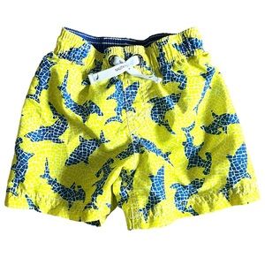 Nautica 18 Months Swim Shorts Yellow With Blue Sharks Elastic Mesh Undies
